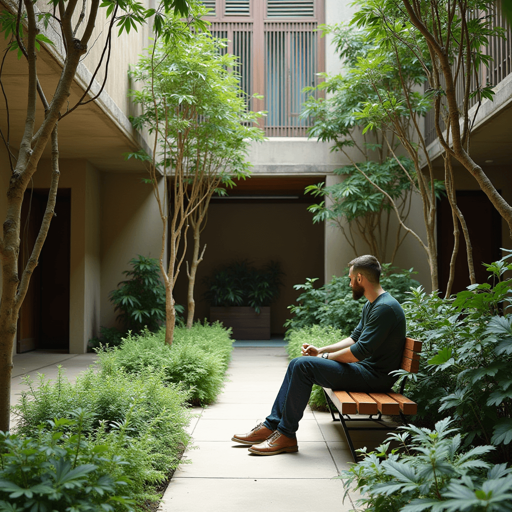 A man sits pensively on a bench surrounded by lush greenery in a secluded courtyard.