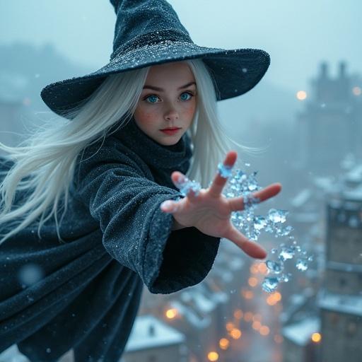 Young witch with white hair in black hat. She casts ice shards from her fingers. Winter city below glows warmly. Snowflakes swirl around. Emphasizes motion and dramatic lighting.