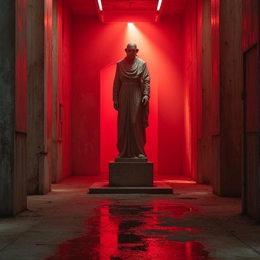 Image of terror from a first-person perspective. Concrete containment room illuminated by sinister red emergency light. SCP-173 sculpture dangerously close to camera, appearing more threatening. Image features slight camera shake to indicate panic.