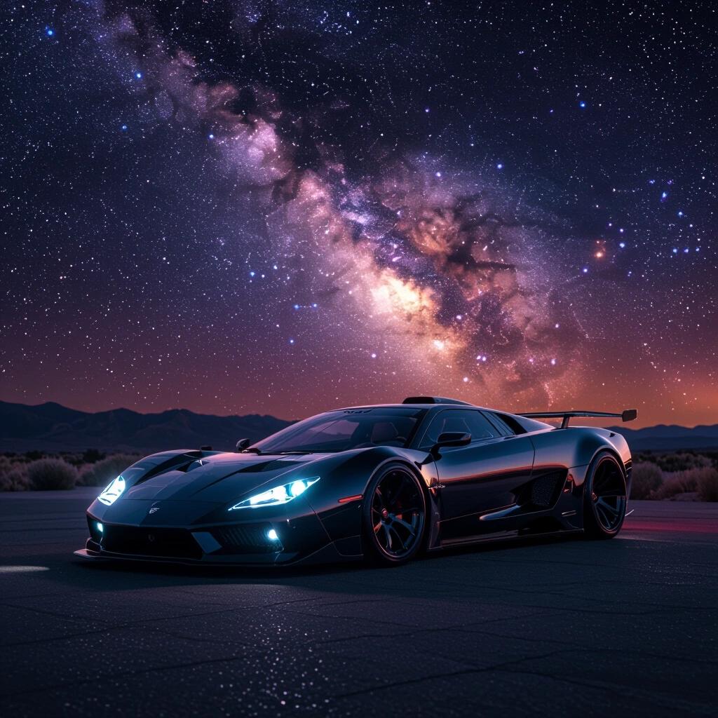 A parked futuristic low rider hypercar under a stunning nebula sky at night. Dark and magical scenery. Raw photo style.