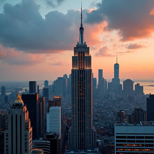 Skyline of New York City showing the Empire State Building at sunset. Clouds in the background with colorful sky. Foreground includes buildings and city atmosphere.