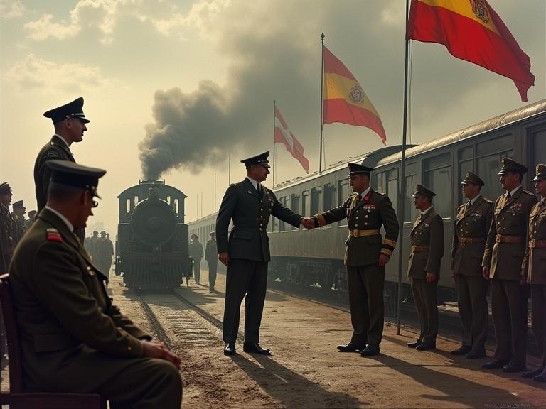 Historical hyper-realistic scene at Hendaya train station on October 23 1940. Francisco Franco in khaki uniform shakes hands with Adolf Hitler in Wehrmacht uniform in front of an armored German train. Leaders show caution with rigid gestures and serious expressions. Spanish and Nazi flags wave in cloudy sky with soldiers at attention. Diplomats, including Serrano Suñer, converse tensely with briefcases, maps, and documents marked 'Conditions for war entry'. Symbolic details include a stopped clock marking meeting time, a shadowy partially covered 'Hendaya' sign, and a small crowd behind a fence observing quietly.
