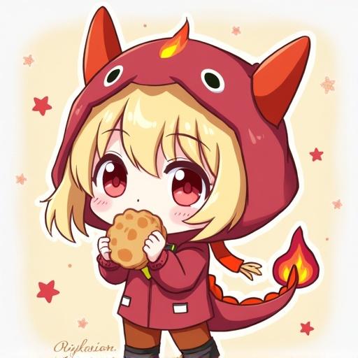 Cute chibi girl in a dragon costume. She has blonde hair and is eating a cookie. The character is designed with a friendly expression and a colorful outfit.