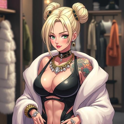 Anime woman, 59 years old, emerald green eyes, beautiful face, oversized light blonde French bun, light pink diamond jewelry, futuristic and hi-tech attributes, half Japanese half Saiyan, 6'1, muscular arms with big breasts and 6 pack abs, light pink lipstick, white eyeshadow, double belly button ring, inside a luxurious fur coat store, colorful traditional Japanese tattoos, elegant look, golden lotus printed, wearing sexy modern heavy metal streetwear, summer, shopping around