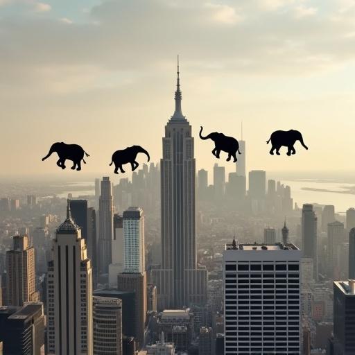 Silhouettes of elephants flying over a city skyline. Urban landscape features skyscrapers. The scene captures a whimsical atmosphere. Background shows a blend of light colors with gray buildings.