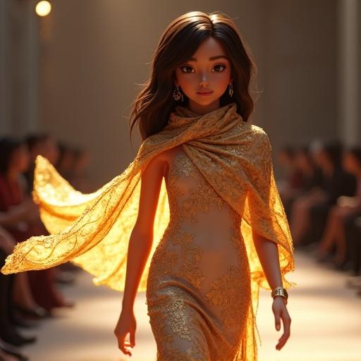 Elegant female Roblox avatar in fashion runway. Wears flowing animated Hermès scarf. Features dynamic patterns, glowing effects, gold embroidery.
