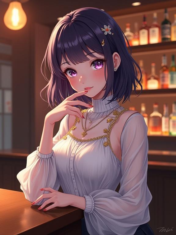 Image of a lady in anime style with dark violet hair and violet eyes at a bar. She wears a stylish white blouse with gold embroidery and a fitted skirt. The setting is warm and inviting with a polished bar counter and shelves of drinks in the background.