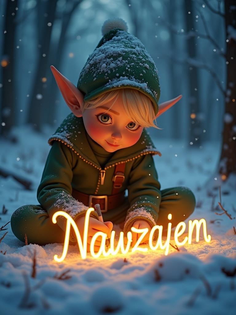 Elf character in snowy forest writes glowing cursive text. Text reads 'Nawzajem'. Snow falls around the elf. Warm light illuminates scene.