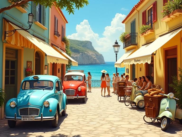 A busy 1950s European seaside street filled with vintage cars and people. Buildings painted in pastel colors line the cobbled road. The scene is bright and warm under the afternoon sun. A blue Renault taxi and red Volkswagen microbus are parked beside each other. A cream Citroën is angled with suitcases on its back. A light green Vespa is by a lamppost. People dressed in vintage summer attire sit at sidewalk cafés. The background features a beautiful sea and coastline. The atmosphere is cinematic and nostalgic with vibrant colors.