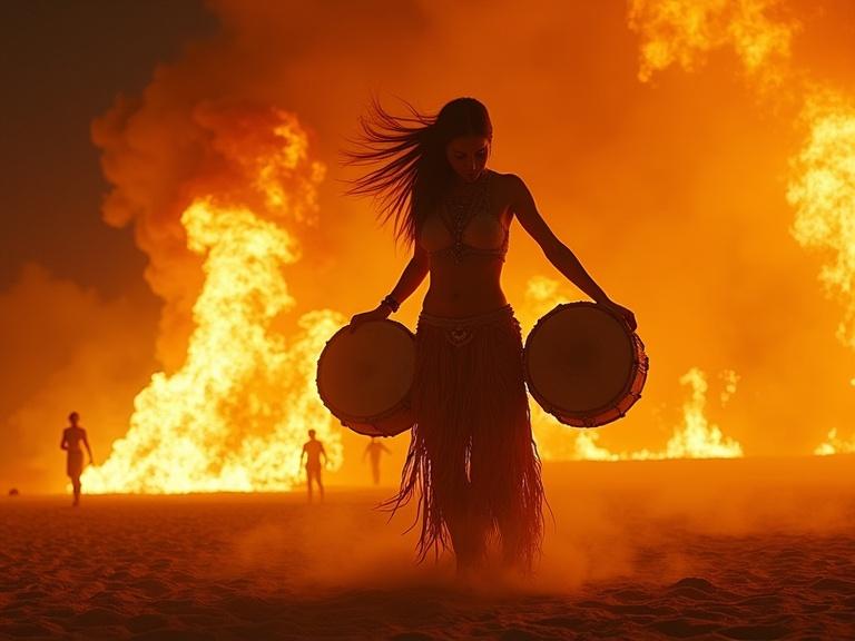 Cinematic photo of a woman with big hips playing flaming tribal drums surrounded by flames and smoke at a futuristic Burning Man stage.