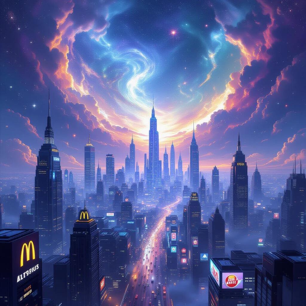 Futuristic city in an infinite dimension with an omnipotent ruler. Sky shows hues of violet blue and gold with swirling nebulae. City features skyscrapers and global fast-food chains like McDonald's. Shopping areas have luxury brands like Gucci and Prada. Ground shifts and adapts buildings as needed. Heart of the city is a crystal tower radiating energy.