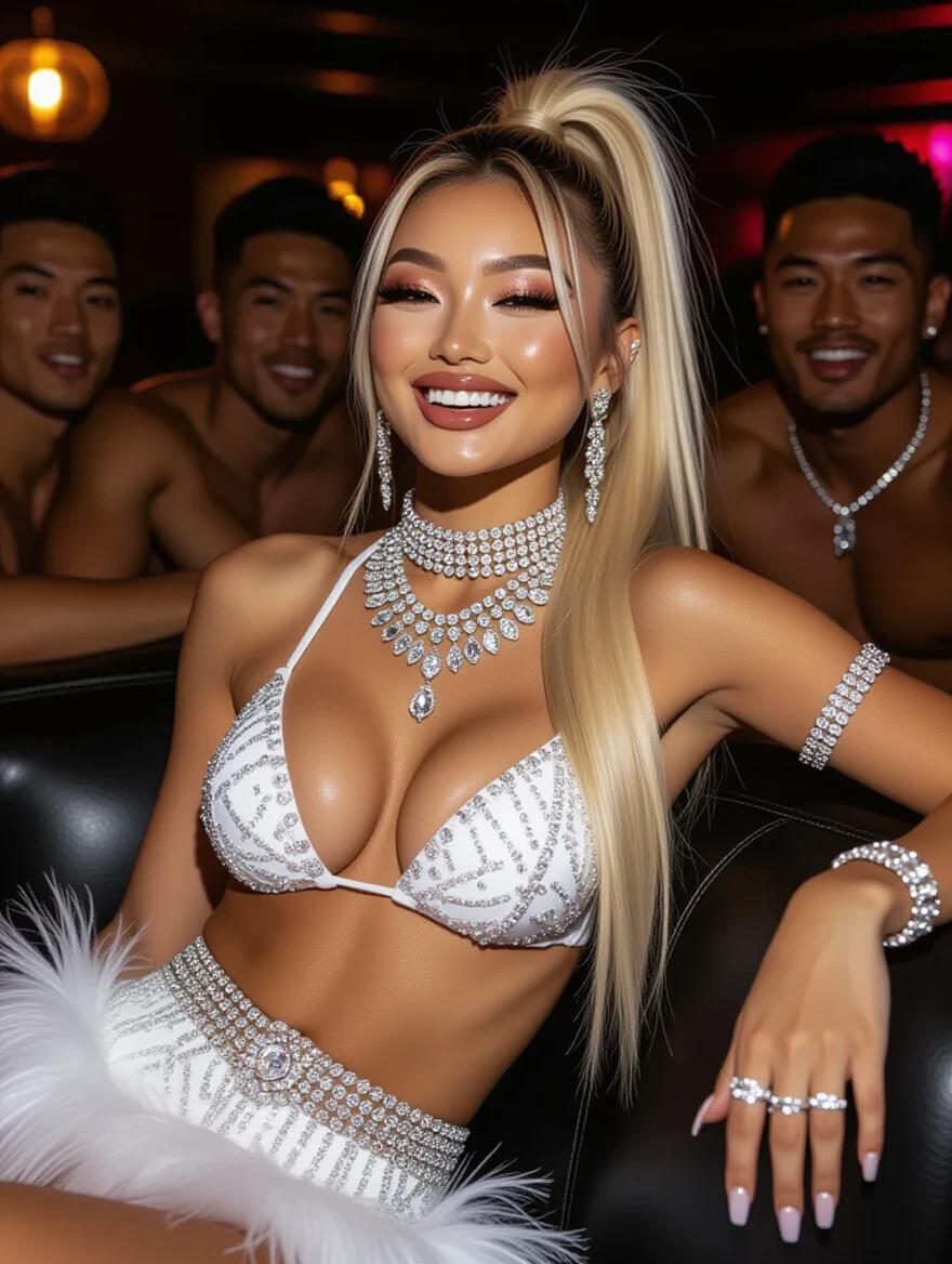 A confident asian model wearing a stylish wedding bikini. The model has a striking high blonde ponytail. Heavy crystal jewelry adorns her body. The makeup is bright and eye-catching. The scene is vibrant and lively. She is smiling and seems excited. The model is relaxing on a luxurious sofa in a nightclub surrounded by friends who are well-built. The surroundings indicate a celebratory atmosphere.