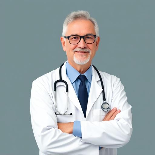 Professional medical provider stands confidently with arms crossed. Middle-aged man with glasses in a white coat and tie. Neutral background highlights professionalism.