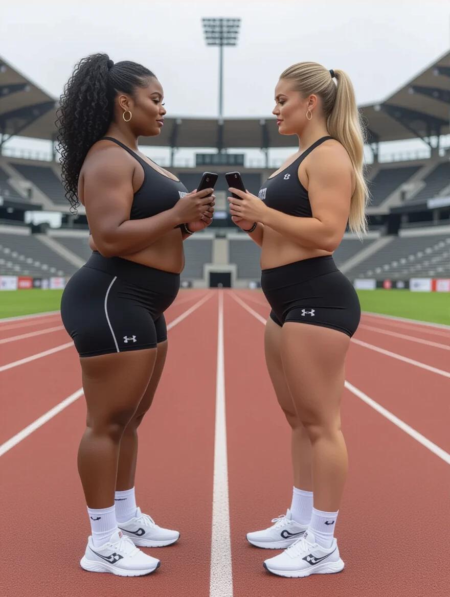 Two women stand on an empty track. One woman has black skin and curly hair. The other has white skin and straight blonde hair. Both wear black athletic clothing. They hold iPhones close to each other. The stadium is empty. It is morning.