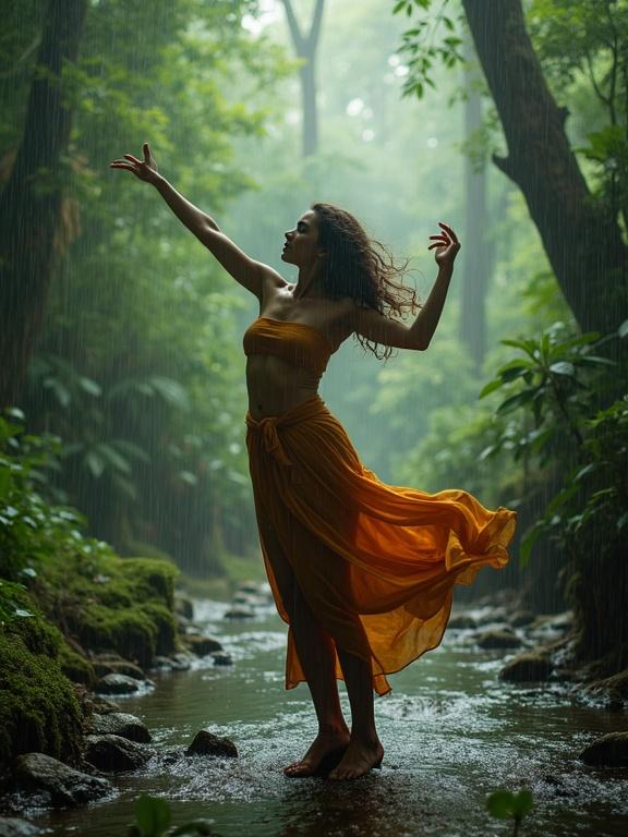 Girl dancing in the rainforest during rain. Bright yellow outfit. Lush green surroundings with water stream. Soft lighting and misty atmosphere.