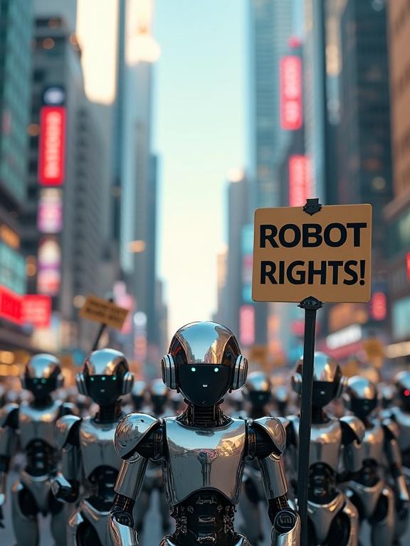 Group of robots protesting in a futuristic city. Robots hold signs saying Robot Rights and Freedom for AI. Metallic bodies and unique designs. Skyscrapers, neon lights, and flying cars in the background. Daytime and cinematic angle.