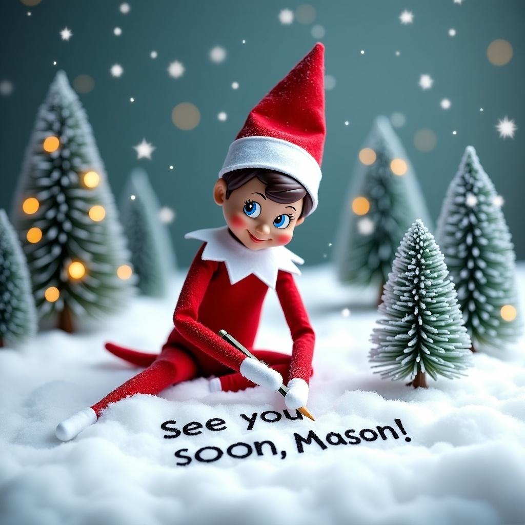 Elf on the Shelf sitting in snowy landscape. Elf writing in snow with pencil. Text says 'See you soon, Mason!'. Cheerful elf with brown hair and blue eyes. Background with evergreen trees dusted with snow and twinkling lights. Snowflakes falling around. Classic red and white outfit. Christmas spirit.