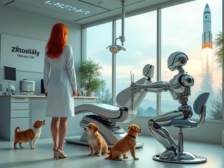Woman with red hair in lab coat and high heels stands in dental office next to robot dentist. Cute puppies play in corner. Large windows show a space rocket taking off. Bright colorful lighting in photorealistic style.