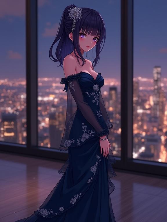 Anime woman with dark violet hair and captivating eyes in an elegant dark blue gown, standing in a luxurious sky lounge at night. Night cityscape visible through a grand window. Soft lighting creates a calm atmosphere. Full body shot emphasizing outfit details.