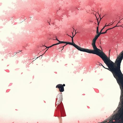 A girl stands under a sakura tree. Leaves fly around in the breeze. The setting is serene and beautiful.