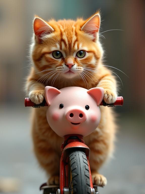 An orange chubby cat rides a pig-themed bike. The cat looks determined while gripping the handlebars. The bike is small and cute. The photo is bright and playful. A fun and humorous scene with a focus on the cat and bike.