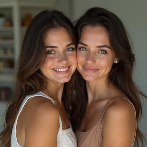 Two women are smiling and hugging each other. Their expressions show happiness and connection. Soft, natural lighting enhances their features.