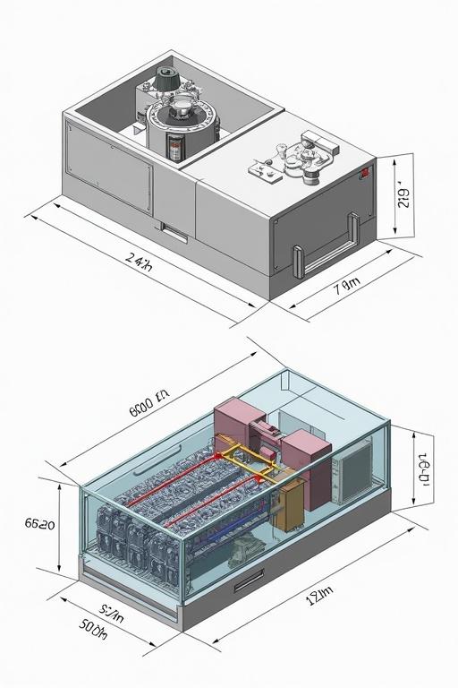 Technical overview of a MOD-001 H₃PO₄ Processing Core. Compact industrial unit for phosphoric acid recovery and waste processing. Features robust construction and clear component visibility. Dimensions and weight specified. Includes visible components like thermal reactor, ion exchange columns, and control panel. Accessories such as ports and panels clearly marked for industrial use. Isometric technical drawing style with color coding and dimension lines included.