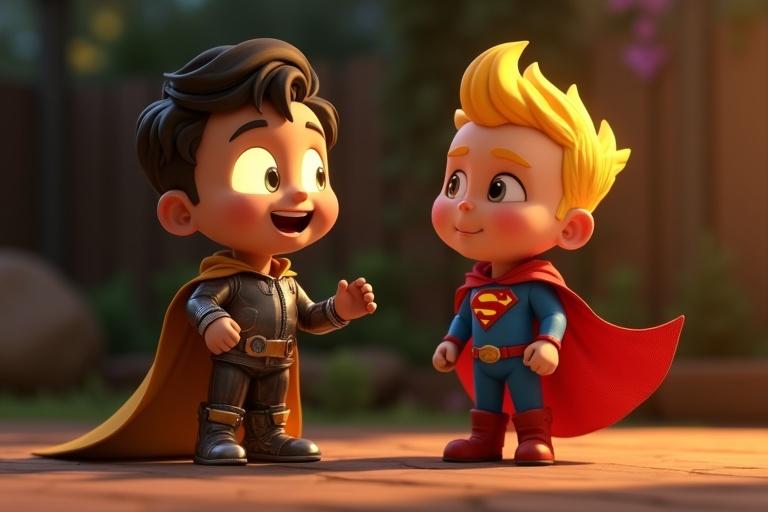 A 3D animated scene shows two superhero characters. One character wears a red cape and blue suit. The other character is in a futuristic metallic outfit. The scene is bright with daylight colors. There is a dark garden background.