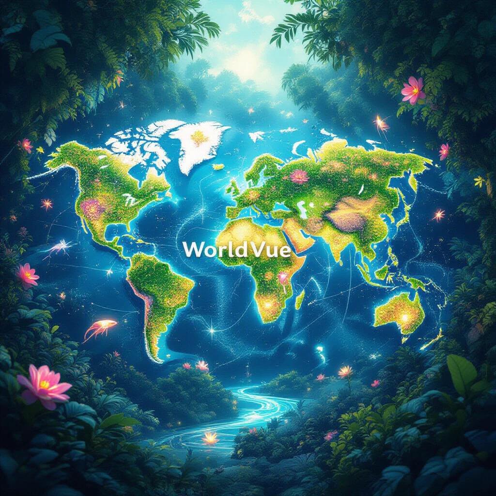 Concept art piece depicting WorldVue. World map formed by glowing flora. Light pathways connecting ecosystems. Delicate creatures flying amidst plants. Soft light creates wonder. Focus on details in plants and light flow. Highly detailed and enchanting scene.