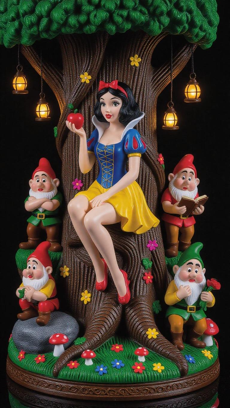 Resin figure of a sexy Snow White sitting on a tree trunk. She holds a red apple near her lips. The pose is playful and alluring. The outfit features a corset and a miniskirt. Surrounding her are four dwarfs in various poses. The base has glowing mushrooms and lanterns. The design features vibrant colors and intricate details.