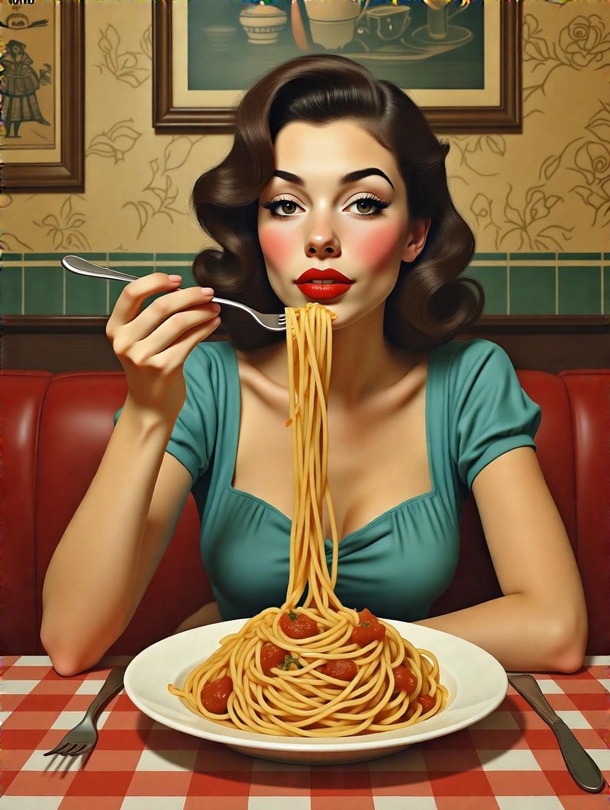 A woman in a turquoise dress enjoys a plate of spaghetti in a cozy vintage restaurant. She holds a fork with spaghetti strands lifting towards her mouth. The table is covered with a red and white checkered tablecloth. The restaurant has charming decor in the background.