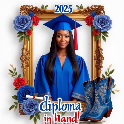 A confident woman in a blue graduation cap and gown with a red tassel. SHe stands proud with straight hair. An ornate gold picture frame surrounds her. Blue red and white flowers decorate the frame. The year 2025 is displayed in blue letters at the top. Below, the words Diploma in Hand! are shown with a rolled diploma graphic. A pair of blue embroidered cowgirl boots is shown beside her.