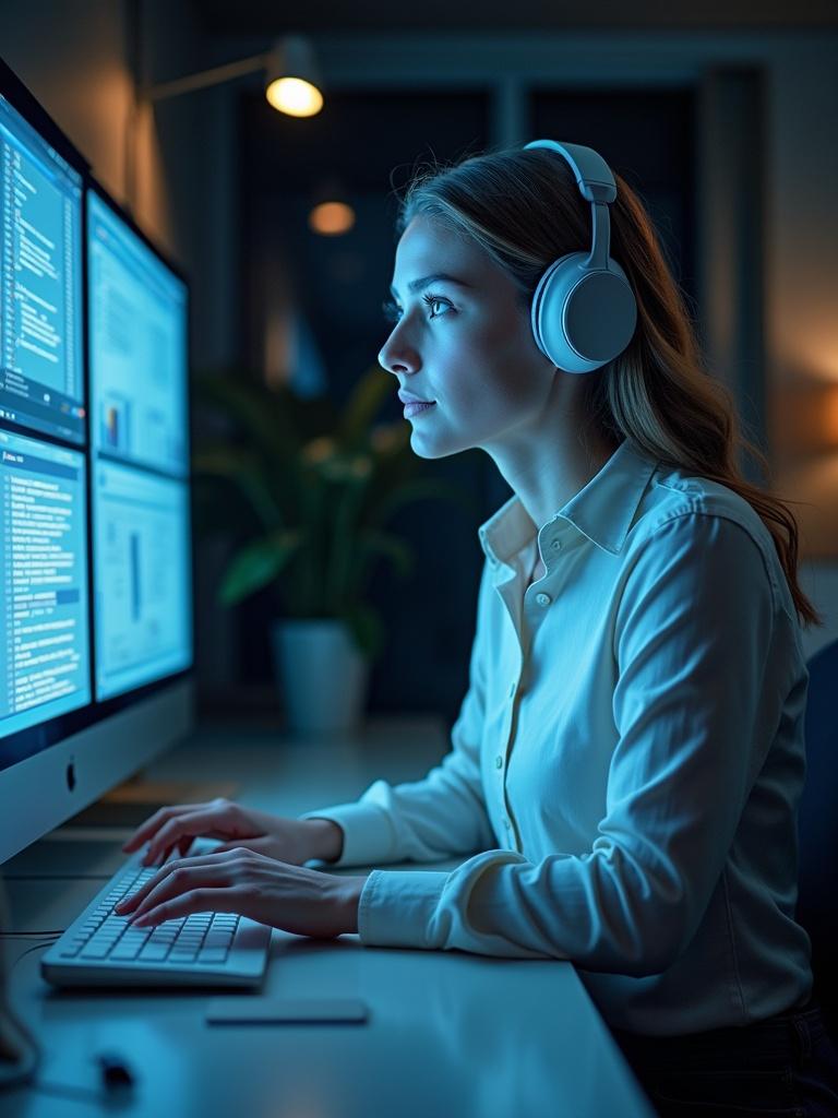 A person uses a computer at a desk while wearing headphones. The setting is dimly lit with soft lighting. Multiple screens display data and graphs. This scene depicts a sales professional preparing for a meeting using AI technology. The environment suggests a modern home office space.