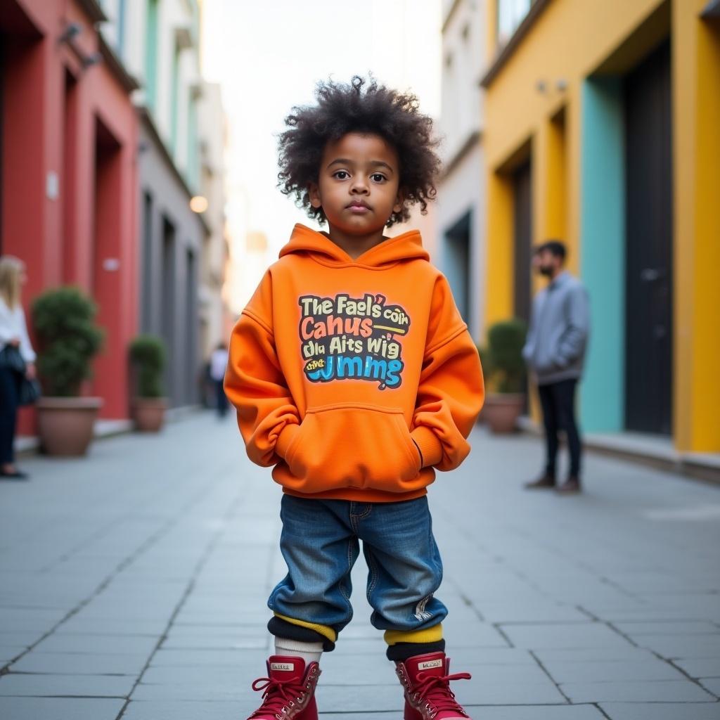 This image features a stylish young child confidently posing in an urban street. The child is wearing vibrant streetwear clothes, which draw attention with their bright colors. The background showcases colorful buildings, emphasizing an urban lifestyle. Natural lighting enhances the scene, creating a lively atmosphere. The child’s pose reflects confidence and style, making it a perfect capture of modern fashion in a city setting.