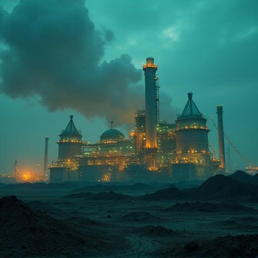 Futuristic hydrogen facility dissolving into dust. Broken solar panels. Deactivated carbon capture machinery. Rising smog. Dull lighting. Factory illuminated at night.