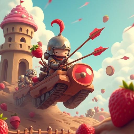 Chibi knights are riding tanks. Tanks look like cream puffs. The scene shows a chocolate fortress in the background. There is a rain of strawberries. Knights are shooting arrows. Their arrows pierce macaron shields.