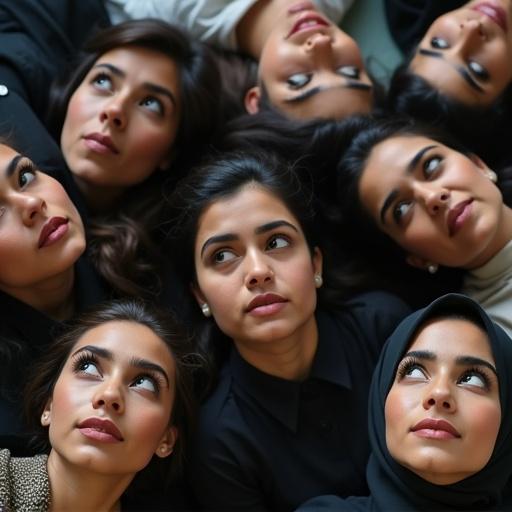Several female teachers with large dark brown eyes and black hair laying on the floor. They have their eyes wide open staring upwards. All have dark skin and thick eyebrows.
