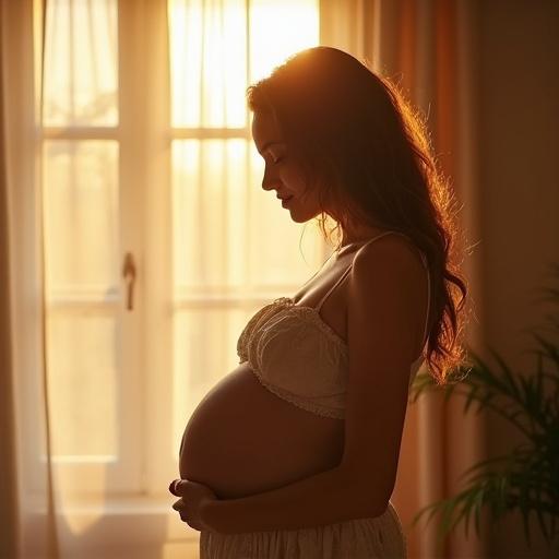 Photograph showcases a pregnant woman in a sunlit room. She rests her hands on her belly in a serene pose. The light creates a warm glow around her silhouette. Soft curtains frame the backdrop, enhancing the natural aesthetic.