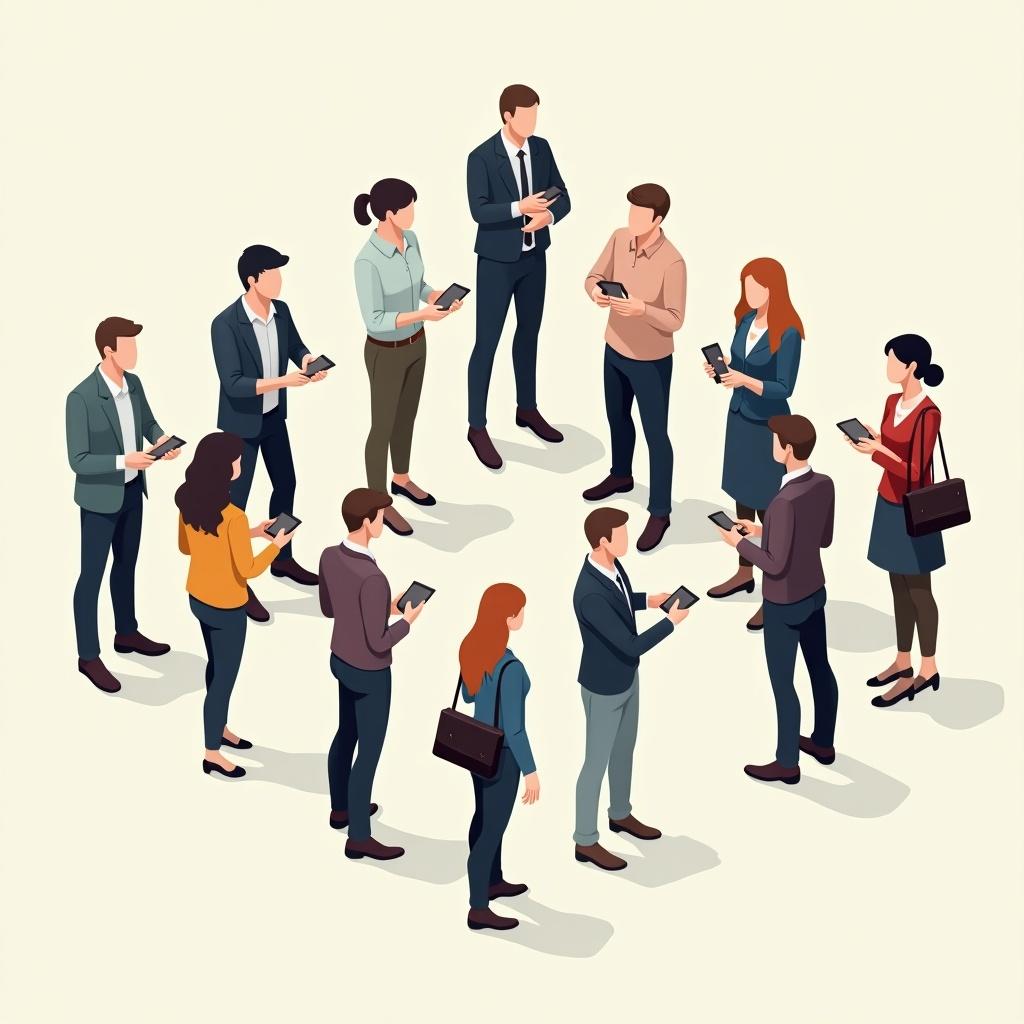 A group of professionals in an isometric style. They hold mobile devices and interact with each other. The scene shows a diverse set of individuals in business attire. The view suggests a collaborative environment.