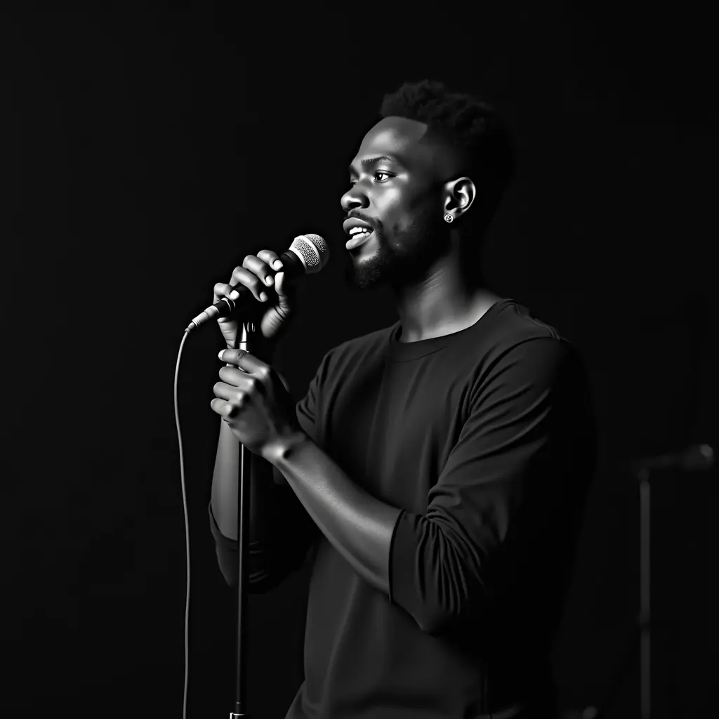 A singer passionately performing into a microphone on stage.