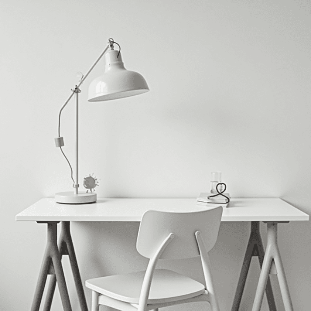 A minimalist white desk with a modern lamp and a simple chair against a plain background.