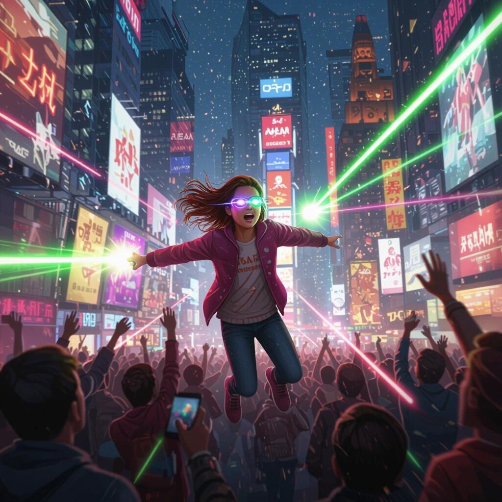 Young girl flies through a crowded city shooting laser beams from her eyes. Neon lights illuminate the skyline. Crowds gaze upward in awe.