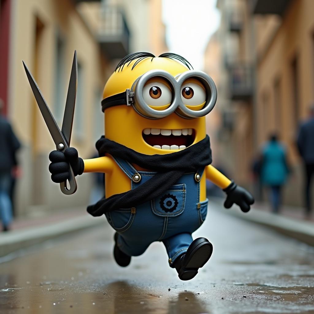 Minion character running energetically. Holding scissors. Background features a city street. Emphasis on motion and fun.