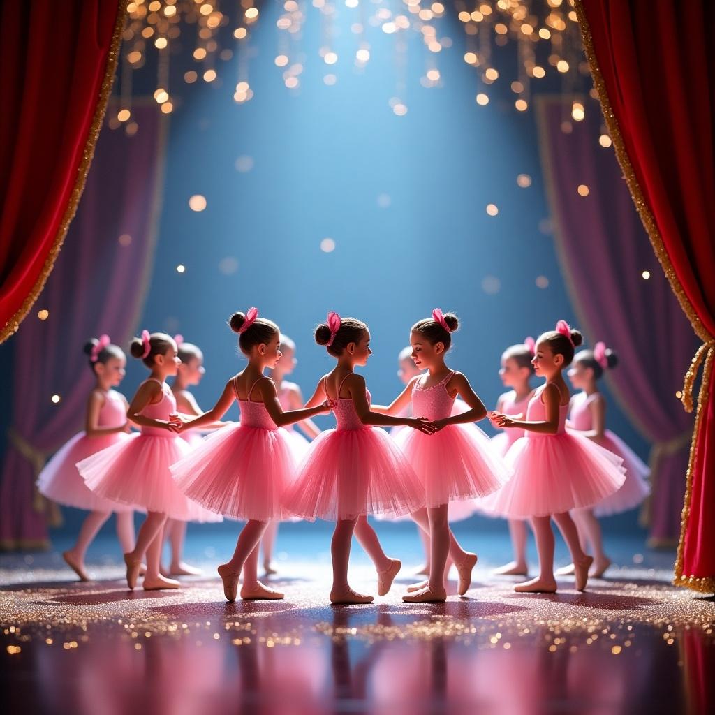 A grand festive scene showcases sugarplum fairy ballerinas. Dressed in pink, they dance on a colorful stage. Bright colors like red, gold, and blue reflect joyful holiday cheer. Soft lights illuminate the scene, creating a magical atmosphere. The dancers are arranged in symmetrical positions, enhancing visual delight and evoking wonder for holiday events.