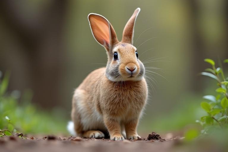 Rabbit looks relieved and smart after surviving danger. Natural setting with greenery.