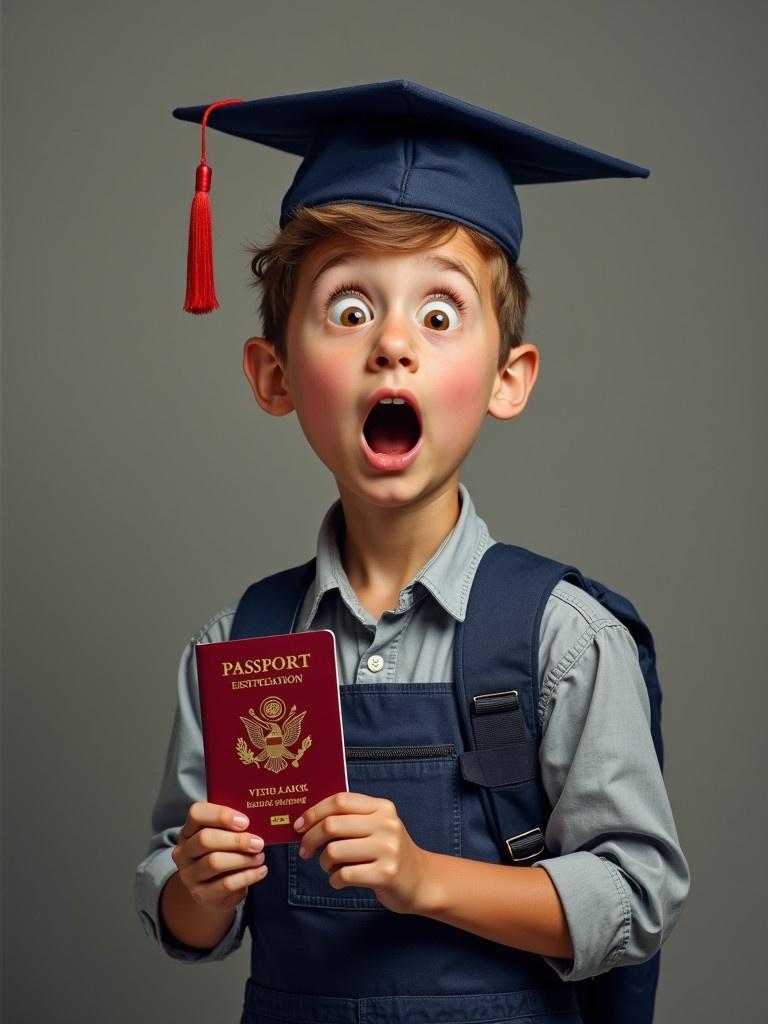 A shocked student holds a passport. The student wears a blue graduation cap and has a blue backpack. The background is neutral gray. The student appears surprised with an important document in hand.