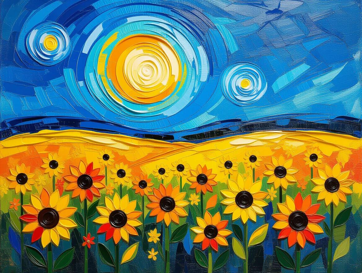 A field of wildflowers featuring sunflowers under a swirling sky. Bright, vibrant colors dominate. Thick, chunky strokes create a tactile texture. Abstract mixed media style with vibrant yellows and bold blues. Chaotic and expressive composition.