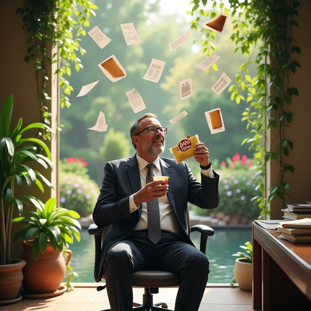 CEO enjoys Bake Time snack while dipping in tea. Papers fly as office transforms into garden. Birdsong and leaves create peaceful atmosphere. Delightful experience.