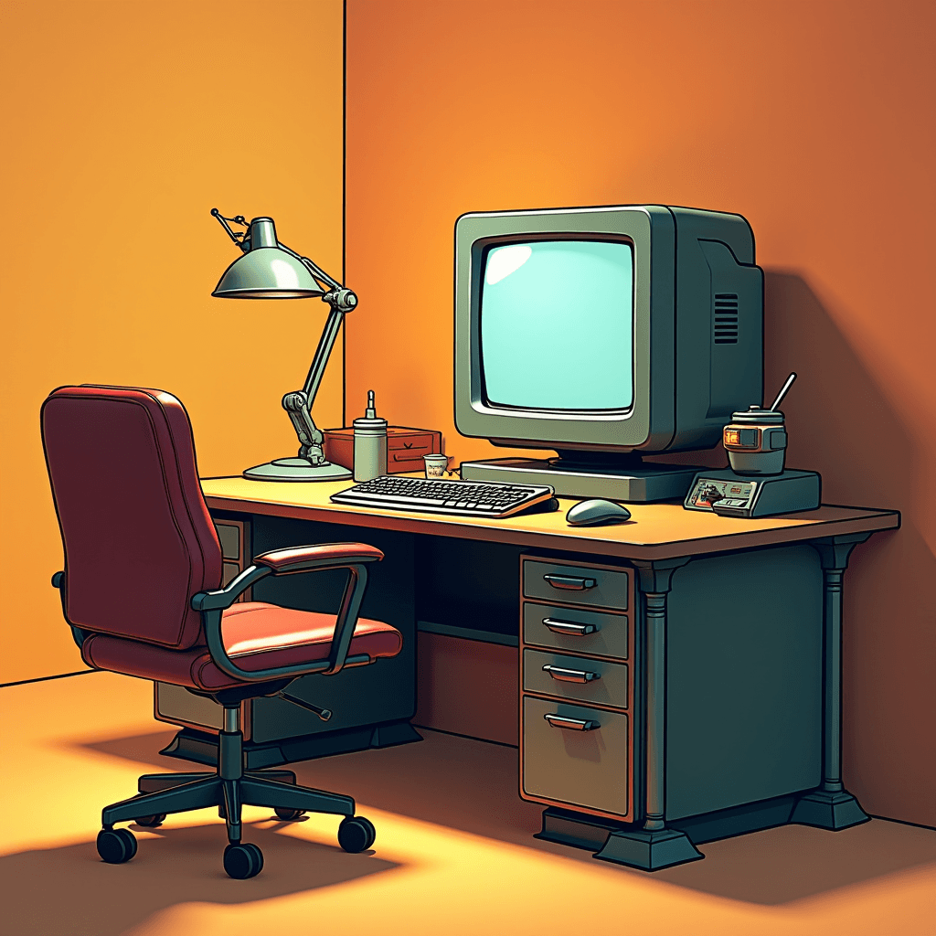 A vintage computer setup with a bulky CRT monitor, a keyboard, mouse, and various retro items on a wooden desk, accompanied by a red office chair and a desk lamp, all in a warmly lit room.