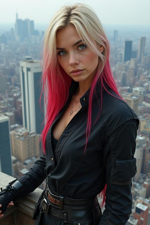 Attractive young woman with long blonde hair having red highlights and pink tips. Bright blue eyes are visible. She wears a tactical tunic. She rests on a skyscraper. A vast cityscape with skyscrapers is behind her.